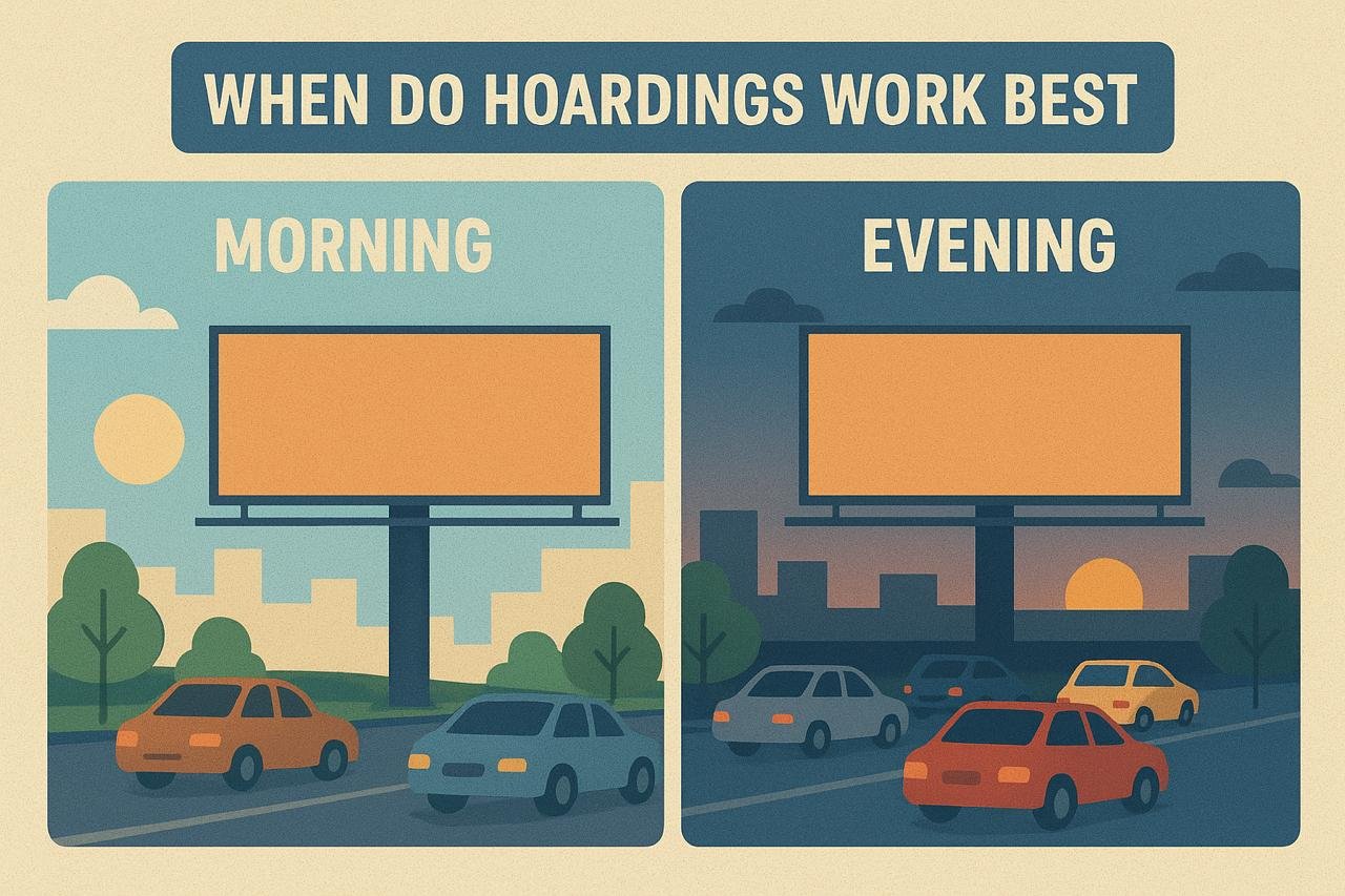A digital illustration comparing morning and evening traffic with large roadside hoardings.