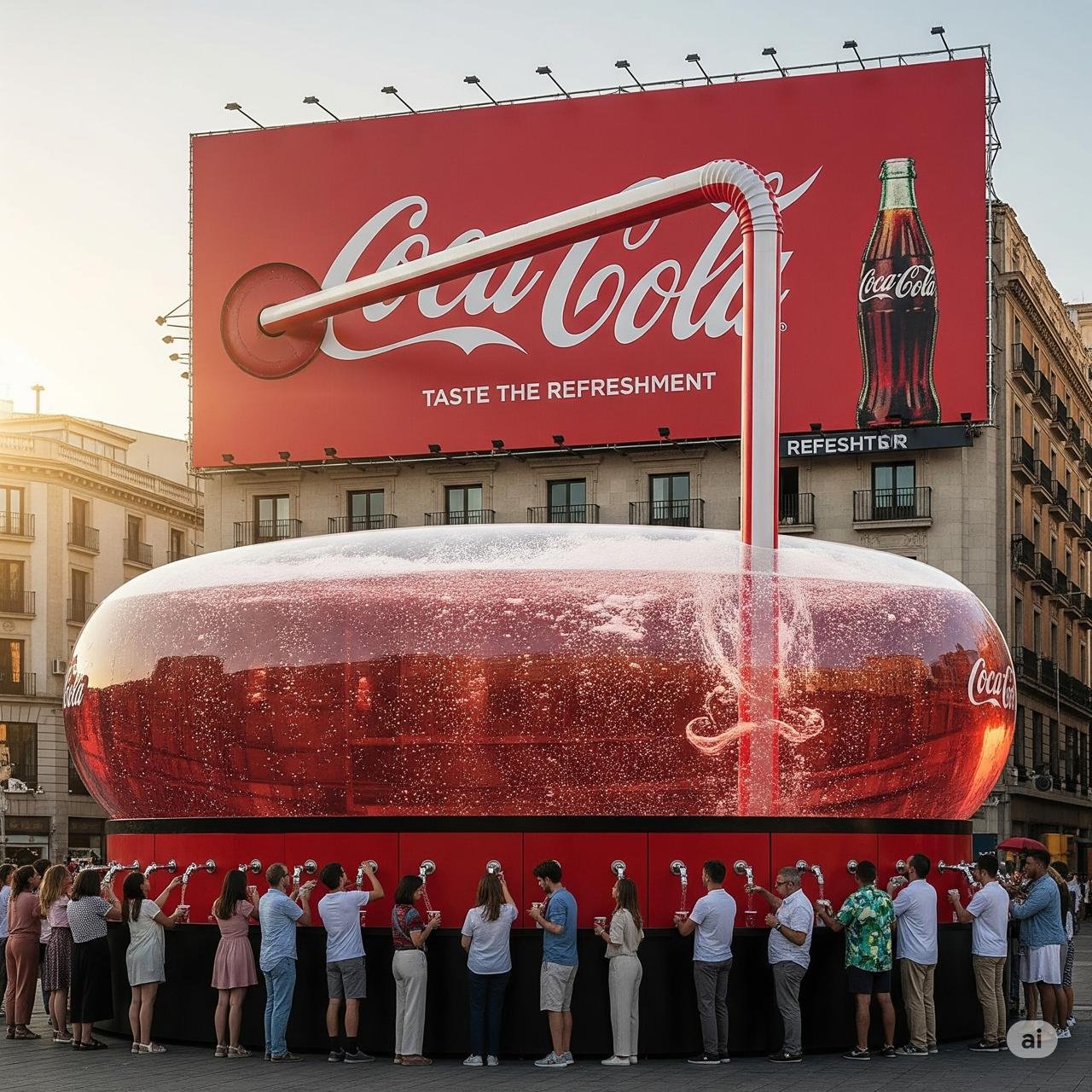 A realistic cityscape featuring four iconic global hoardings: a Nike shoe billboard with the text ‘Run on Air,’ a Coca-Cola board with a giant straw, a McDonald’s hoarding designed as a clock, and a Guinness billboard with a 3D glass of beer.