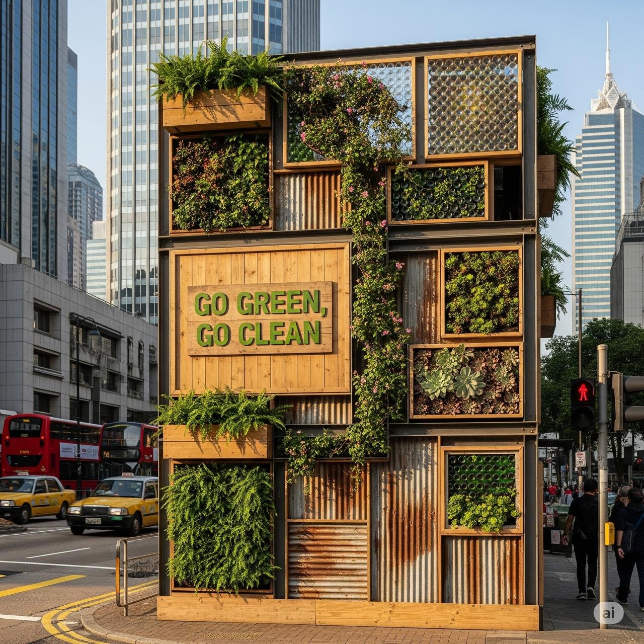 A realistic outdoor eco-friendly hoarding covered in lush green plants with bold white text reading ‘Eco-Friendly Hoardings,’ placed along a busy city road with cars passing by.