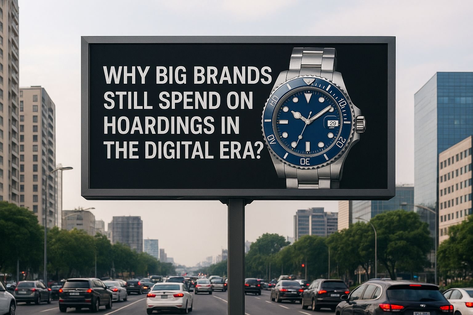 A large outdoor hoarding above a busy city street with the text ‘Why Big Brands Still Spend on Hoardings in the Digital Era?’ alongside an image of a luxury wristwatch