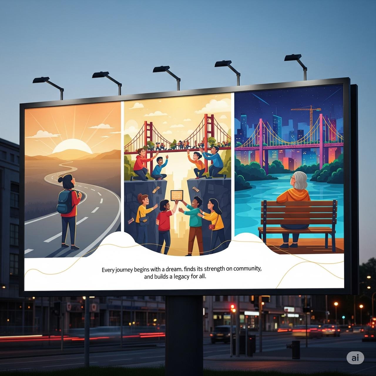 A creative billboard showcasing storytelling through bold visuals and short text, designed to capture attention and connect emotionally with the audience.