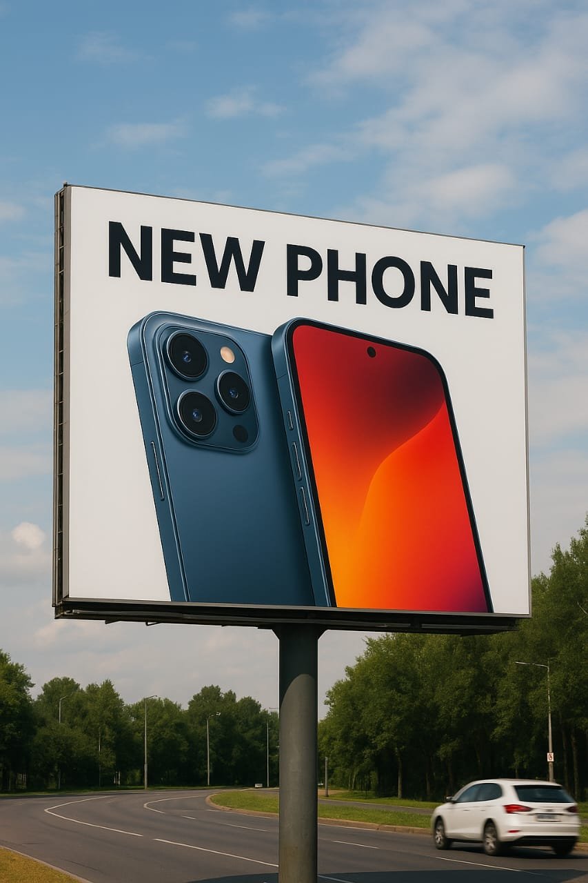 A realistic outdoor billboard featuring a giant smartphone design with bold text and vibrant colors, created to stand out and catch attention from a distance.